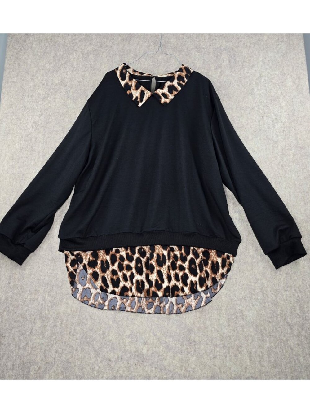 Black Long Sleeve Top With Leopard Print Collar & Hem Women’s 5XL Polyester Casu